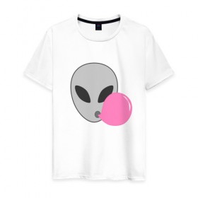 Мужская футболка хлопок с принтом Инопланетная жвачка в Новосибирске, 100% хлопок | прямой крой, круглый вырез горловины, длина до линии бедер, слегка спущенное плечо. | жвачка | инопланетянин | лицо | минимализм | нло | пузырь