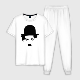 Мужская пижама хлопок с принтом Чарли Чаплин в Новосибирске, 100% хлопок | брюки и футболка прямого кроя, без карманов, на брюках мягкая резинка на поясе и по низу штанин
 | Тематика изображения на принте: глаза. котелок | знаменитость | известность | лицо | минимализм | портрет | чаплин | чарли