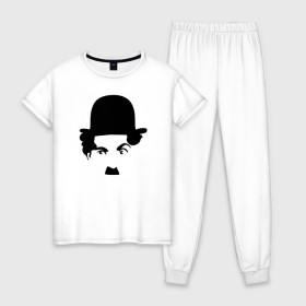 Женская пижама хлопок с принтом Чарли Чаплин в Новосибирске, 100% хлопок | брюки и футболка прямого кроя, без карманов, на брюках мягкая резинка на поясе и по низу штанин | Тематика изображения на принте: глаза. котелок | знаменитость | известность | лицо | минимализм | портрет | чаплин | чарли