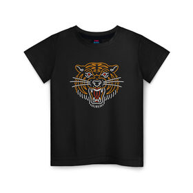 Детская футболка хлопок с принтом Тигр в Новосибирске, 100% хлопок | круглый вырез горловины, полуприлегающий силуэт, длина до линии бедер | line | голова | животное | линии | минимализм | тигр | хищник