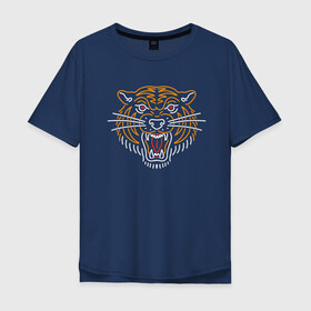 Мужская футболка хлопок Oversize с принтом Тигр в Новосибирске, 100% хлопок | свободный крой, круглый ворот, “спинка” длиннее передней части | line | голова | животное | линии | минимализм | тигр | хищник