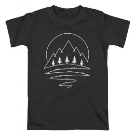 Мужская футболка хлопок с принтом Горный лес в Новосибирске, 100% хлопок | прямой крой, круглый вырез горловины, длина до линии бедер, слегка спущенное плечо. | one line | горы | лес | линия | минимализм | ночь. луна | скалы. вершины. деревья. ели