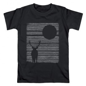 Мужская футболка хлопок с принтом Силуэт оленя в Новосибирске, 100% хлопок | прямой крой, круглый вырез горловины, длина до линии бедер, слегка спущенное плечо. | линии. арт | минимализм. тренд | ночь. луна. темнота | олень | силуэт