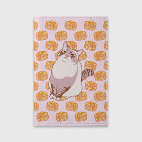Обложка для паспорта матовая кожа с принтом Блины в Новосибирске, натуральная матовая кожа | размер 19,3 х 13,7 см; прозрачные пластиковые крепления | Тематика изображения на принте: cat | fat | internet | meme | pancakes | блины | интернет | кот | лупс | мем