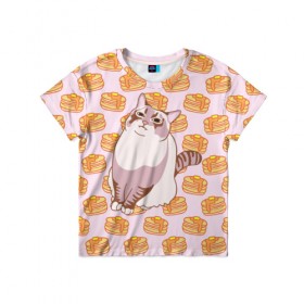 Детская футболка 3D с принтом Блины в Новосибирске, 100% гипоаллергенный полиэфир | прямой крой, круглый вырез горловины, длина до линии бедер, чуть спущенное плечо, ткань немного тянется | cat | fat | internet | meme | pancakes | блины | интернет | кот | лупс | мем