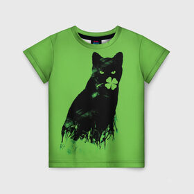 Детская футболка 3D с принтом Кот и Клевер в Новосибирске, 100% гипоаллергенный полиэфир | прямой крой, круглый вырез горловины, длина до линии бедер, чуть спущенное плечо, ткань немного тянется | Тематика изображения на принте: cat | clover | ireland | patric saint day | день святого патрика | ирландия | клевер | кот | кошка | черная кошка