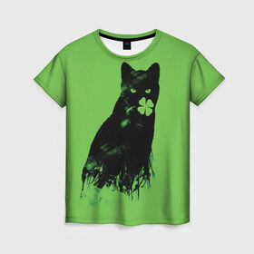 Женская футболка 3D с принтом Кот и Клевер в Новосибирске, 100% полиэфир ( синтетическое хлопкоподобное полотно) | прямой крой, круглый вырез горловины, длина до линии бедер | cat | clover | ireland | patric saint day | день святого патрика | ирландия | клевер | кот | кошка | черная кошка