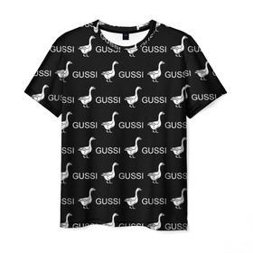 Мужская футболка 3D с принтом GUSSI в Новосибирске, 100% полиэфир | прямой крой, круглый вырез горловины, длина до линии бедер | anti brend | gussi | trend | антибренд | гуси | мода | надписи | тренд