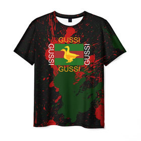 Мужская футболка 3D с принтом GUSSI в Новосибирске, 100% полиэфир | прямой крой, круглый вырез горловины, длина до линии бедер | anti brend | gussi | trend | антибренд | гуси | мода | надписи | тренд
