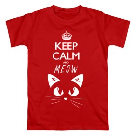 Мужская футболка хлопок с принтом Keep calm and meow в Новосибирске, 100% хлопок | прямой крой, круглый вырез горловины, длина до линии бедер, слегка спущенное плечо. | Тематика изображения на принте: cat | keep calm | meow | кот