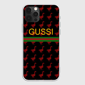 Чехол для iPhone 12 Pro с принтом GUSSI в Новосибирске, силикон | область печати: задняя сторона чехла, без боковых панелей | anti brend | gussi | trend | антибренд | гуси | мода | надписи | тренд