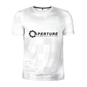 Мужская футболка 3D спортивная с принтом Aperture Labs в Новосибирске, 100% полиэстер с улучшенными характеристиками | приталенный силуэт, круглая горловина, широкие плечи, сужается к линии бедра | Тематика изображения на принте: лаборатория | портал