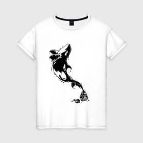 Женская футболка хлопок с принтом Чернильный дельфин в Новосибирске, 100% хлопок | прямой крой, круглый вырез горловины, длина до линии бедер, слегка спущенное плечо | блики | брызги | дельфин. животное. клякса | касатка | минимализм | пятно | чернила