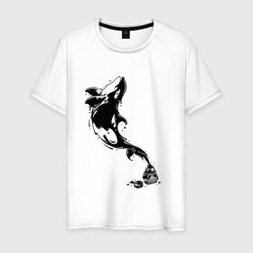 Мужская футболка хлопок с принтом Чернильный дельфин в Новосибирске, 100% хлопок | прямой крой, круглый вырез горловины, длина до линии бедер, слегка спущенное плечо. | Тематика изображения на принте: блики | брызги | дельфин. животное. клякса | касатка | минимализм | пятно | чернила