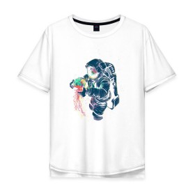 Мужская футболка хлопок Oversize с принтом Космическая медуза в Новосибирске, 100% хлопок | свободный крой, круглый ворот, “спинка” длиннее передней части | астронавт | космонавт | космос | краски | медуза | невесомость | свет. отражение. тело | скафандр | фантастика | цвета | чудеса