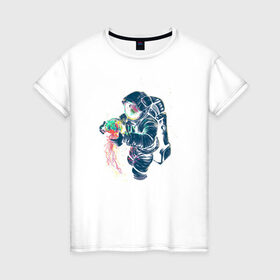 Женская футболка хлопок с принтом Космическая медуза в Новосибирске, 100% хлопок | прямой крой, круглый вырез горловины, длина до линии бедер, слегка спущенное плечо | астронавт | космонавт | космос | краски | медуза | невесомость | свет. отражение. тело | скафандр | фантастика | цвета | чудеса