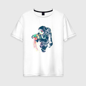 Женская футболка хлопок Oversize с принтом Космическая медуза в Новосибирске, 100% хлопок | свободный крой, круглый ворот, спущенный рукав, длина до линии бедер
 | астронавт | космонавт | космос | краски | медуза | невесомость | свет. отражение. тело | скафандр | фантастика | цвета | чудеса