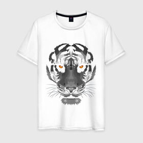 Мужская футболка хлопок с принтом Белый тигр в Новосибирске, 100% хлопок | прямой крой, круглый вырез горловины, длина до линии бедер, слегка спущенное плечо. | белый | голова | лицо | портрет | тигр | хищник | шерсть