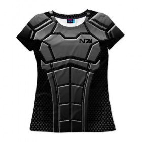 Женская футболка 3D с принтом КОСТЮМ N7 в Новосибирске, 100% полиэфир ( синтетическое хлопкоподобное полотно) | прямой крой, круглый вырез горловины, длина до линии бедер | n7 | броня | костюм | масс эффект | н7 | стальная броня | шепард