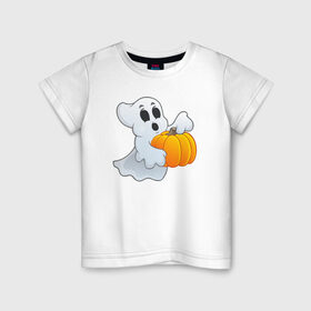 Детская футболка хлопок с принтом Привидение с тыквой в Новосибирске, 100% хлопок | круглый вырез горловины, полуприлегающий силуэт, длина до линии бедер | halloween | тыква | хэллоуин