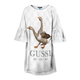 Детское платье 3D с принтом Гуси в Новосибирске, 100% полиэстер | прямой силуэт, чуть расширенный к низу. Круглая горловина, на рукавах — воланы | anti | bird | geese | go | gussi | home | snake | анти | брэнд | верховный | высший | гуси | гуччи | домашняя | знак | идут | картинка | крутой | логотип | лучший | мода | молодёжная | популярная | прикол | птица | рисунок