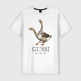 Мужская футболка хлопок Slim с принтом Гуси  в Новосибирске, 92% хлопок, 8% лайкра | приталенный силуэт, круглый вырез ворота, длина до линии бедра, короткий рукав | anti | bird | geese | go | gussi | home | snake | анти | брэнд | верховный | высший | гуси | гуччи | домашняя | знак | идут | картинка | крутой | логотип | лучший | мода | молодёжная | популярная | прикол | птица | рисунок
