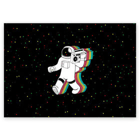 Поздравительная открытка с принтом Космонавт с магнитофоном в Новосибирске, 100% бумага | плотность бумаги 280 г/м2, матовая, на обратной стороне линовка и место для марки
 | бесконечность | верховный | вселенная | звёзды | идёт | космонавт | космос | круто | лучший | магнитофон | мода | молодёжная | музыка | на плече | небо | несёт | поп арт | радуга | рисун | сказка