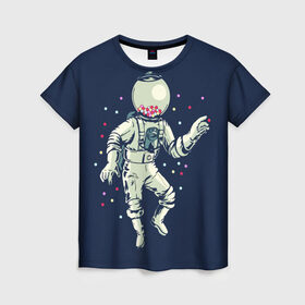 Женская футболка 3D с принтом Космонавт и конфеты в Новосибирске, 100% полиэфир ( синтетическое хлопкоподобное полотно) | прямой крой, круглый вырез горловины, длина до линии бедер | бесконечность | верховный | вселенная | звёзды | идёт | космонавт | космос | круто | лучший | магнитофон | мода | молодёжная | музыка | на плече | небо | несёт | поп арт | радуга | рисун | сказка