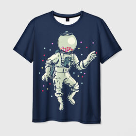 Мужская футболка 3D с принтом Космонавт и конфеты в Новосибирске, 100% полиэфир | прямой крой, круглый вырез горловины, длина до линии бедер | бесконечность | верховный | вселенная | звёзды | идёт | космонавт | космос | круто | лучший | магнитофон | мода | молодёжная | музыка | на плече | небо | несёт | поп арт | радуга | рисун | сказка