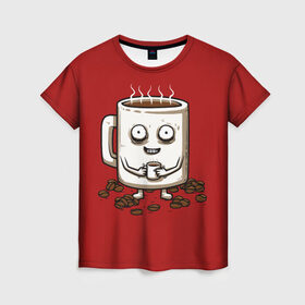 Женская футболка 3D с принтом Кофеёчек в Новосибирске, 100% полиэфир ( синтетическое хлопкоподобное полотно) | прямой крой, круглый вырез горловины, длина до линии бедер | coffee | cup | food | mug | горячо | еда | кофе | кофеман | кофий | красный | крепкий | кружка | напиток | черный