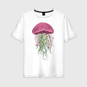 Женская футболка хлопок Oversize с принтом Медуза и цветы в Новосибирске, 100% хлопок | свободный крой, круглый ворот, спущенный рукав, длина до линии бедер
 | для девушек | женская | женские | медуза | с медузой | с цветами | цветочки | цветы