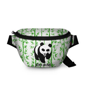 Поясная сумка 3D с принтом Still Alive в Новосибирске, 100% полиэстер | плотная ткань, ремень с регулируемой длиной, внутри несколько карманов для мелочей, основное отделение и карман с обратной стороны сумки застегиваются на молнию | alive | bamboo | green | greenpeace | panga | peace | still | бамбук | грин | гринпис | живая | живой | зеленый | мир | панда | панды | пис