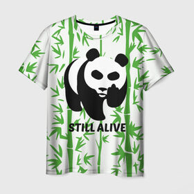 Мужская футболка 3D с принтом Still Alive в Новосибирске, 100% полиэфир | прямой крой, круглый вырез горловины, длина до линии бедер | Тематика изображения на принте: alive | bamboo | green | greenpeace | panga | peace | still | бамбук | грин | гринпис | живая | живой | зеленый | мир | панда | панды | пис