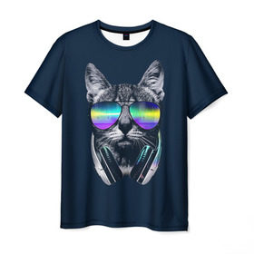 Мужская футболка 3D с принтом Кот в Наушниках в Новосибирске, 100% полиэфир | прямой крой, круглый вырез горловины, длина до линии бедер | cat | cats | head | headphones | kitten | kitty | music | диджей | кот | котенок | коты | котята | кошка | кошки | музыка | наушники | очки | слушает | усы