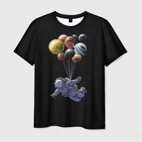Мужская футболка 3D с принтом Космонавт на Шариках в Новосибирске, 100% полиэфир | прямой крой, круглый вырез горловины, длина до линии бедер | galaxy | planet | planets | space | spaceman | star | stars | галактика | галактики | звезда | звезды | космонавт | космос | планета | планеты | шары