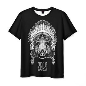 Мужская футболка 3D с принтом Кабан 2019 в Новосибирске, 100% полиэфир | прямой крой, круглый вырез горловины, длина до линии бедер | верховный | вождь | год | голова | дикий | животные | индеец | ирокез | к | кабан | клыки | круто | лидер | лучший | мода | молодёжная | новый год | подарок | поздравление | поросенок | праздник | рисунок