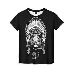 Женская футболка 3D с принтом Кабан 2019 в Новосибирске, 100% полиэфир ( синтетическое хлопкоподобное полотно) | прямой крой, круглый вырез горловины, длина до линии бедер | верховный | вождь | год | голова | дикий | животные | индеец | ирокез | к | кабан | клыки | круто | лидер | лучший | мода | молодёжная | новый год | подарок | поздравление | поросенок | праздник | рисунок