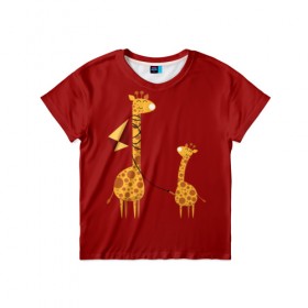 Детская футболка 3D с принтом Жираф и Жирафик в Новосибирске, 100% гипоаллергенный полиэфир | прямой крой, круглый вырез горловины, длина до линии бедер, чуть спущенное плечо, ткань немного тянется | animal | desert | giraffe | long | pattern | skin | tall | высокий | длинная | животное | животные | жираф | жирафы | змей | летучий | пустыня | узор | шея
