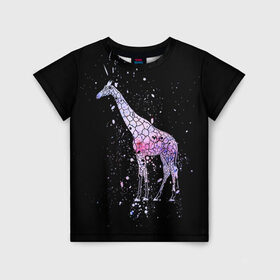 Детская футболка 3D с принтом Звездный Жираф в Новосибирске, 100% гипоаллергенный полиэфир | прямой крой, круглый вырез горловины, длина до линии бедер, чуть спущенное плечо, ткань немного тянется | animal | desert | giraffe | long | pattern | skin | space | stars | tall | высокий | длинная | животное | животные | жираф | жирафы | звезды | космос | пустыня | узор | шея