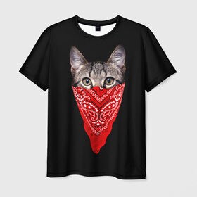 Мужская футболка 3D с принтом Gangsta Cat в Новосибирске, 100% полиэфир | прямой крой, круглый вырез горловины, длина до линии бедер | Тематика изображения на принте: cat | cats | gangsta | kitten | kitty | pussy | гангстер | кот | котенок | котик | котики | коты | котята | кошка | кошки | платок