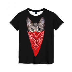Женская футболка 3D с принтом Gangsta Cat в Новосибирске, 100% полиэфир ( синтетическое хлопкоподобное полотно) | прямой крой, круглый вырез горловины, длина до линии бедер | cat | cats | gangsta | kitten | kitty | pussy | гангстер | кот | котенок | котик | котики | коты | котята | кошка | кошки | платок