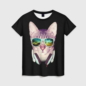 Женская футболка 3D с принтом Кот в Наушниках в Новосибирске, 100% полиэфир ( синтетическое хлопкоподобное полотно) | прямой крой, круглый вырез горловины, длина до линии бедер | cat | cats | kitten | kitty | pussy | диджей | кот | котенок | котик | котики | коты | котята | кошка | кошки | наушники | очки