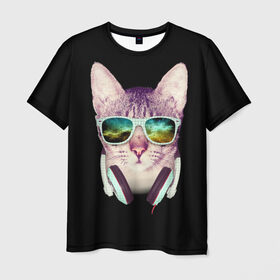 Мужская футболка 3D с принтом Кот в Наушниках в Новосибирске, 100% полиэфир | прямой крой, круглый вырез горловины, длина до линии бедер | Тематика изображения на принте: cat | cats | kitten | kitty | pussy | диджей | кот | котенок | котик | котики | коты | котята | кошка | кошки | наушники | очки