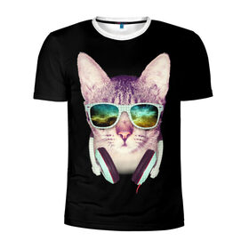 Мужская футболка 3D спортивная с принтом Кот в Наушниках в Новосибирске, 100% полиэстер с улучшенными характеристиками | приталенный силуэт, круглая горловина, широкие плечи, сужается к линии бедра | Тематика изображения на принте: cat | cats | kitten | kitty | pussy | диджей | кот | котенок | котик | котики | коты | котята | кошка | кошки | наушники | очки