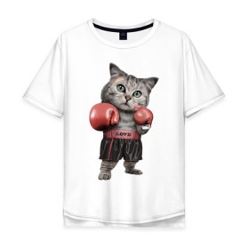 Мужская футболка хлопок Oversize с принтом Кот боксёр в Новосибирске, 100% хлопок | свободный крой, круглый ворот, “спинка” длиннее передней части | Тематика изображения на принте: боец | бокс | боксёр | кот | котёнок | кошак | кошка | кулак | спорт | шорты