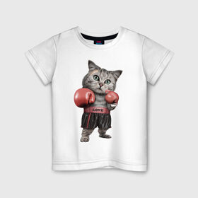 Детская футболка хлопок с принтом Кот боксёр в Новосибирске, 100% хлопок | круглый вырез горловины, полуприлегающий силуэт, длина до линии бедер | боец | бокс | боксёр | кот | котёнок | кошак | кошка | кулак | спорт | шорты