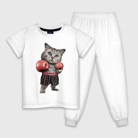 Детская пижама хлопок с принтом Кот боксёр в Новосибирске, 100% хлопок |  брюки и футболка прямого кроя, без карманов, на брюках мягкая резинка на поясе и по низу штанин
 | Тематика изображения на принте: боец | бокс | боксёр | кот | котёнок | кошак | кошка | кулак | спорт | шорты