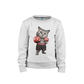 Детский свитшот хлопок с принтом Кот боксёр в Новосибирске, 100% хлопок | круглый вырез горловины, эластичные манжеты, пояс и воротник | боец | бокс | боксёр | кот | котёнок | кошак | кошка | кулак | спорт | шорты