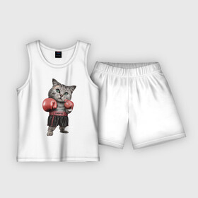 Детская пижама с шортами хлопок с принтом Кот боксёр в Новосибирске,  |  | Тематика изображения на принте: боец | бокс | боксёр | кот | котёнок | кошак | кошка | кулак | спорт | шорты