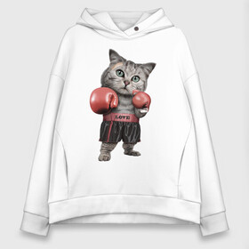 Женское худи Oversize хлопок с принтом Кот боксёр в Новосибирске, френч-терри — 70% хлопок, 30% полиэстер. Мягкий теплый начес внутри —100% хлопок | боковые карманы, эластичные манжеты и нижняя кромка, капюшон на магнитной кнопке | боец | бокс | боксёр | кот | котёнок | кошак | кошка | кулак | спорт | шорты